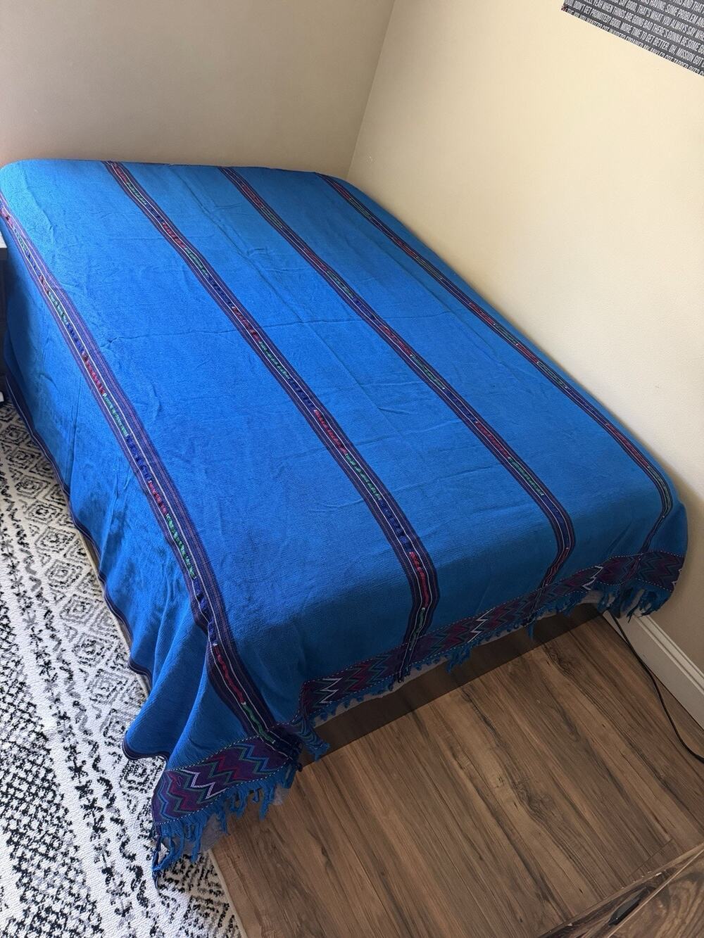 Guatemalan Woven Blanket Throw Textile Blue Fringe Traditional 82” x 88”